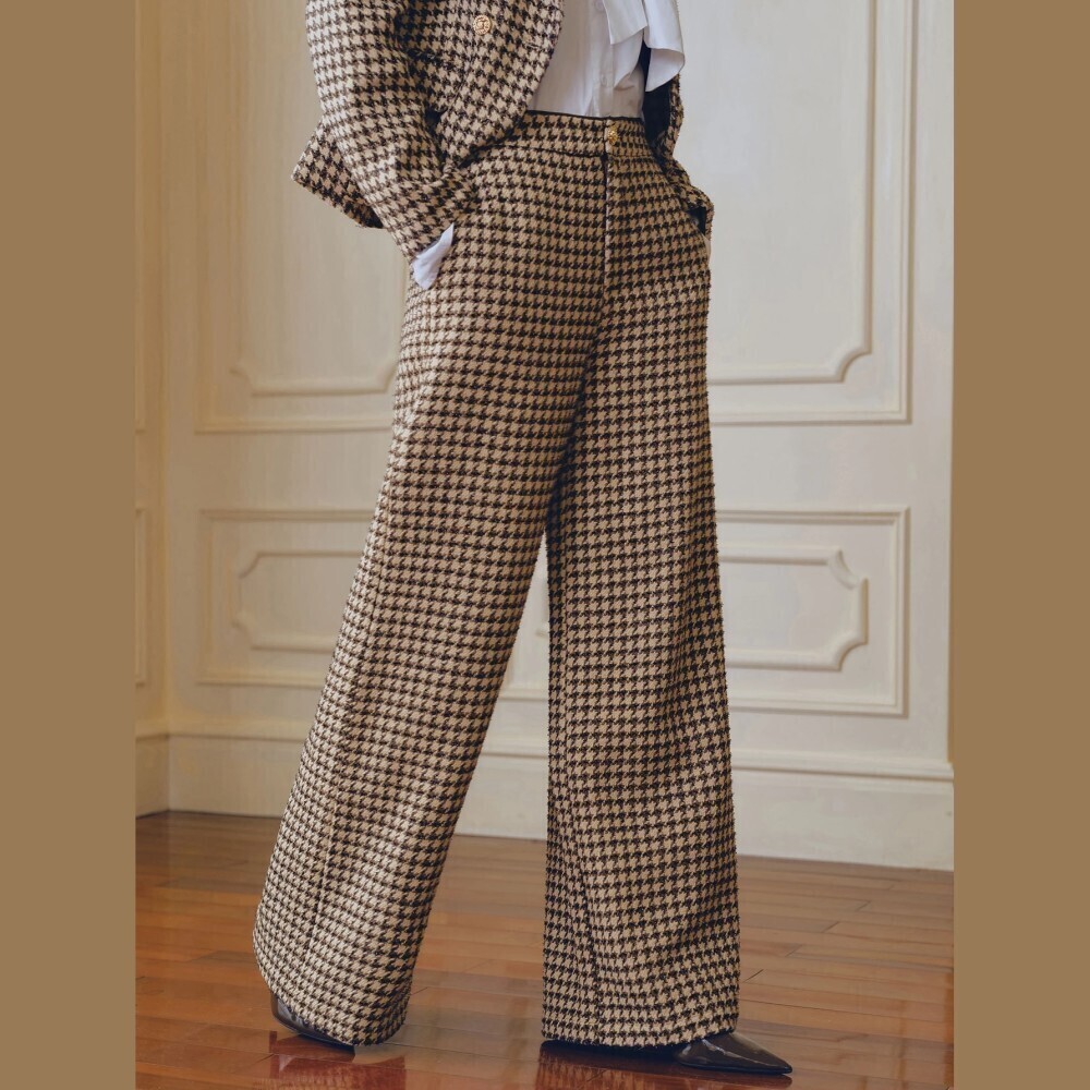 Brown Houndstooth Tweed Wide Leg High Waist Trouser Pants